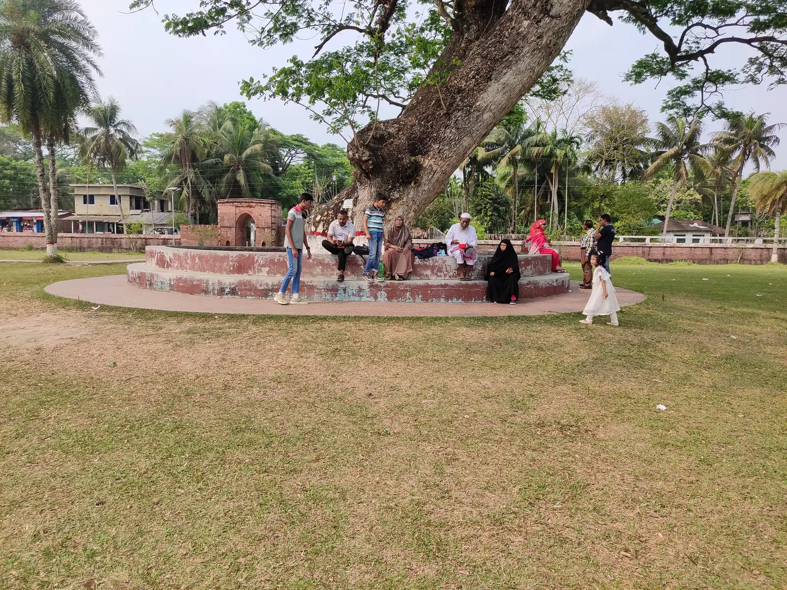 The circular brick plinth under the old tree where the village gathers