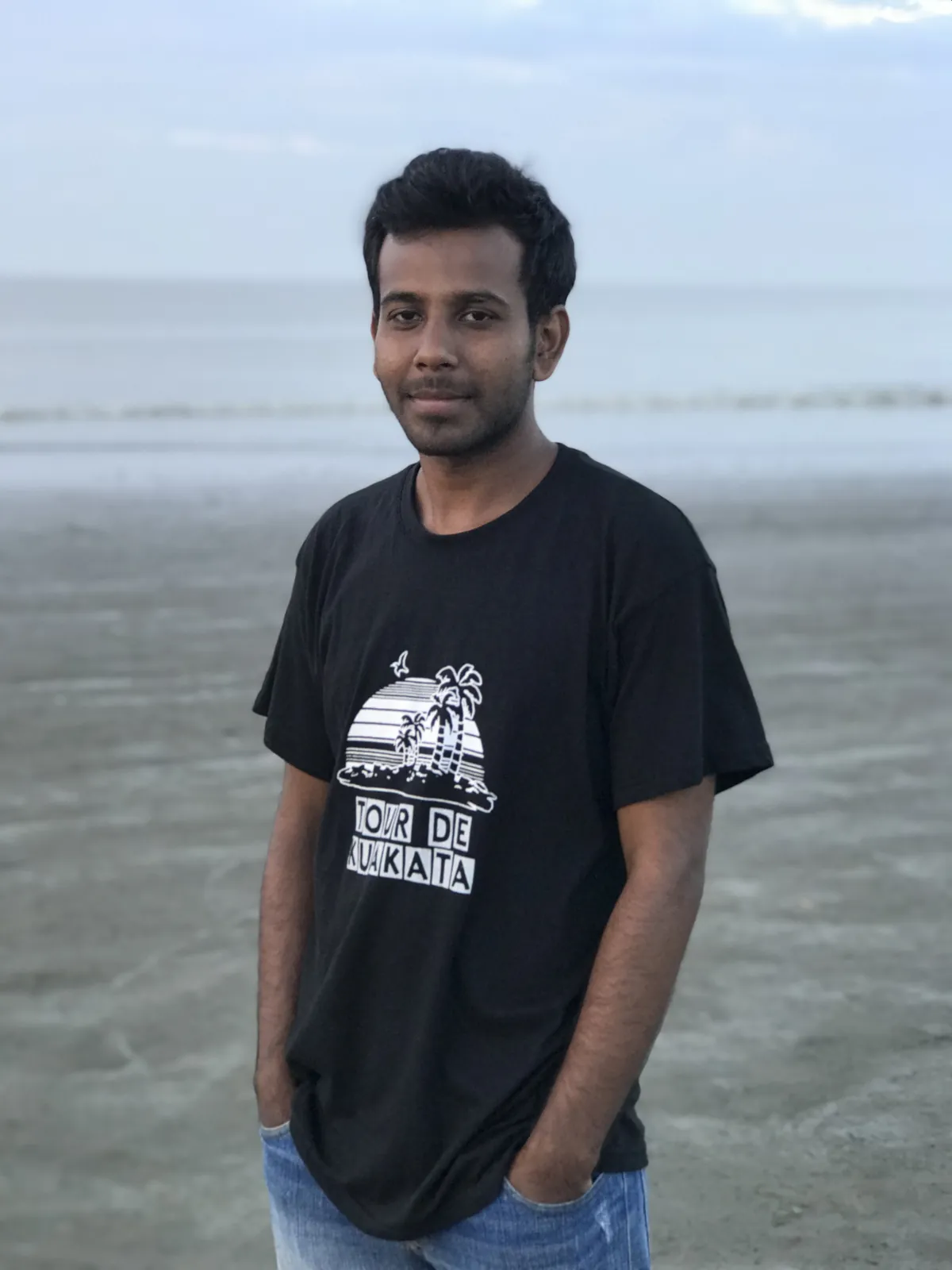 On Kuakata beach in the Tour de Kuakata t-shirt, sea behind
