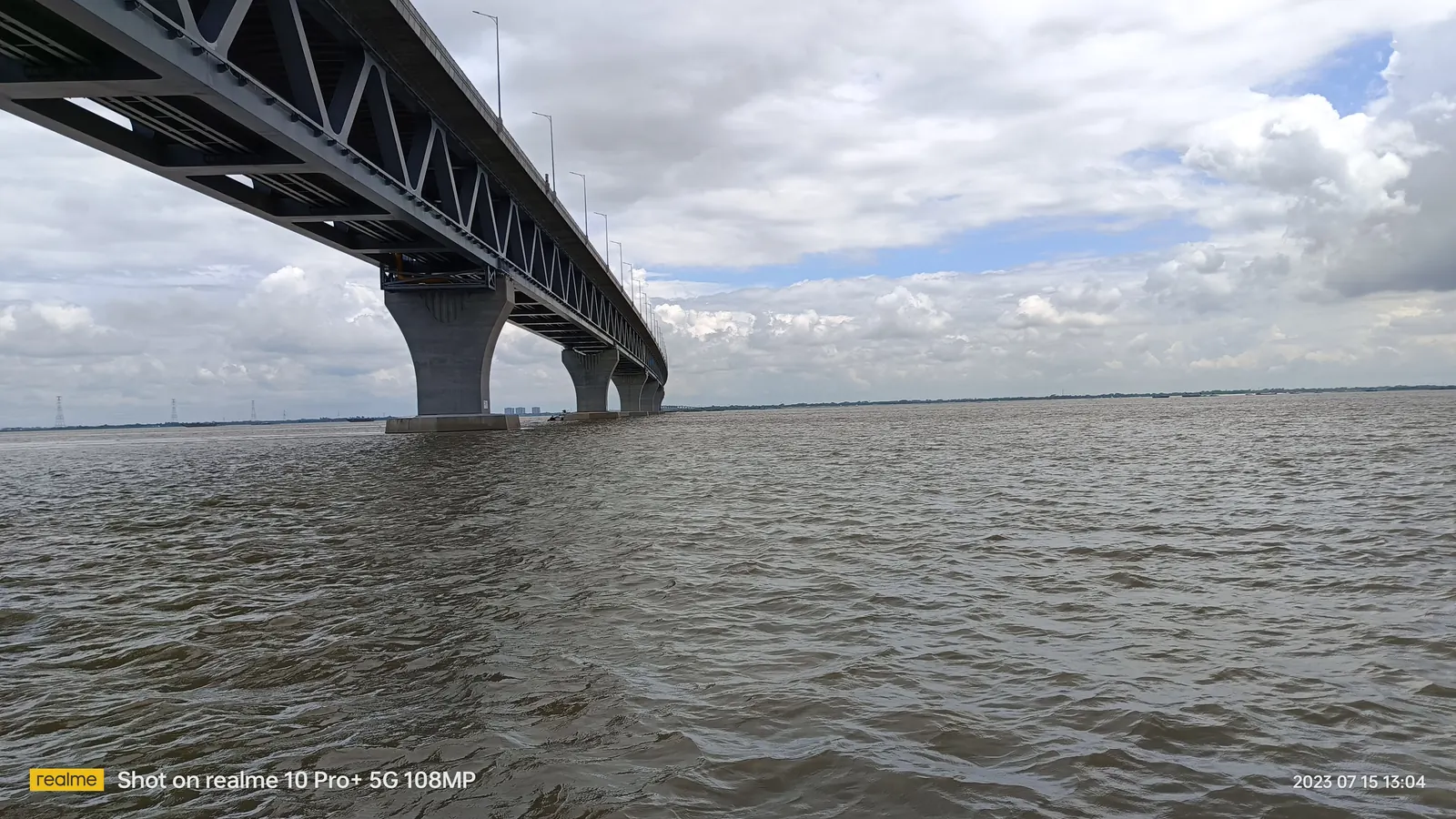 The Padma Bridge seen from a boat directly beneath the deck