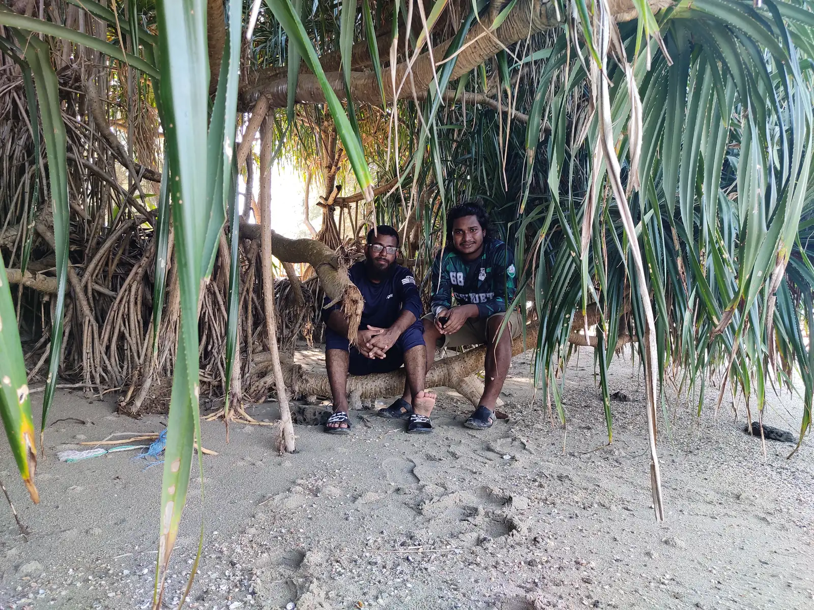 Two of us in the shade of the screwpine roots on the sand