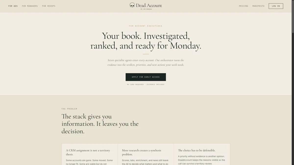 DeadAccount landing page — your book, investigated, ranked and ready for Monday