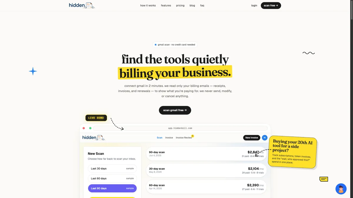 HiddenBill landing page with a Gmail scan listing monthly SaaS spend