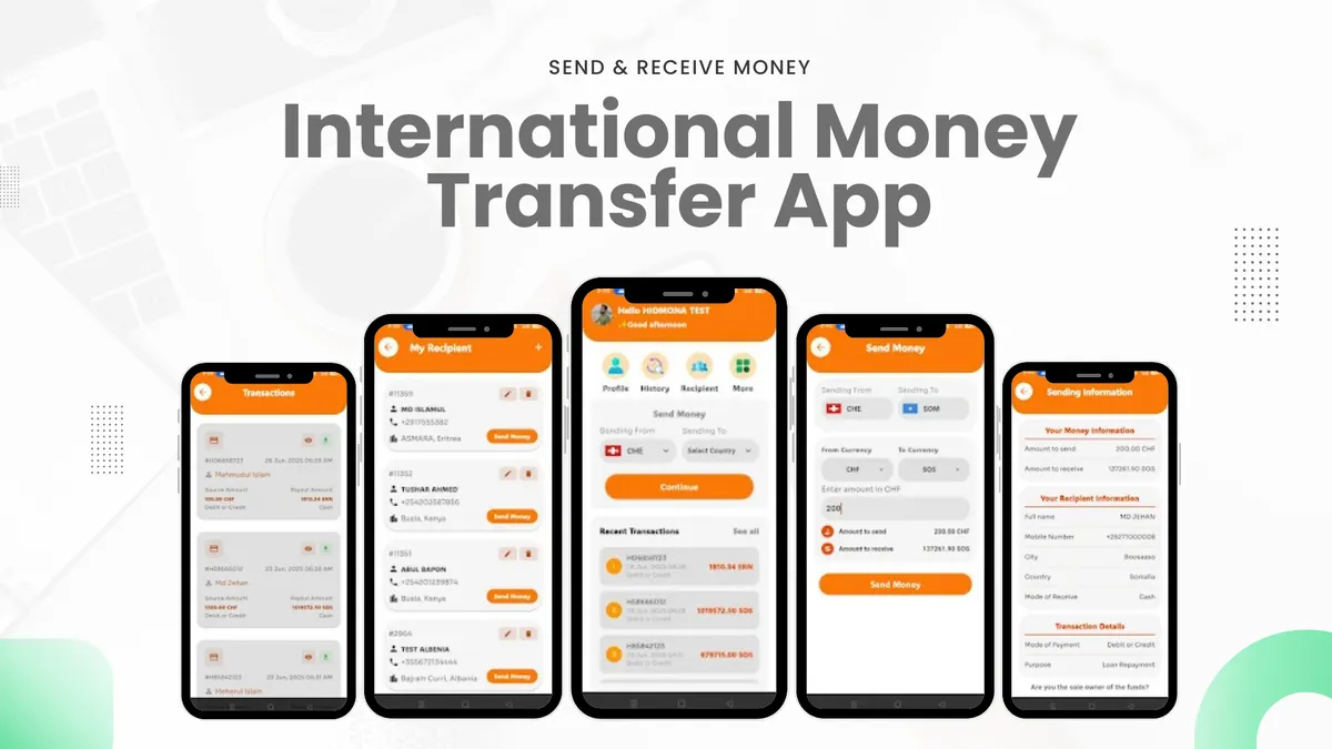 Hidmona money transfer app screens
