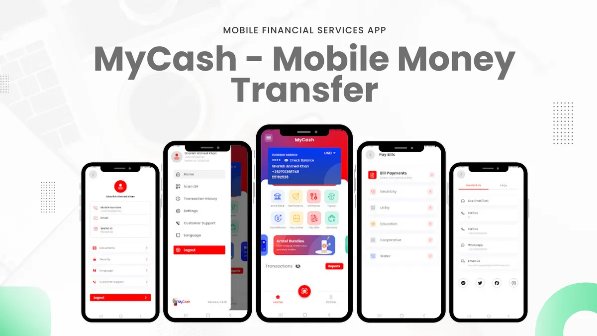 MyCash mobile money screens