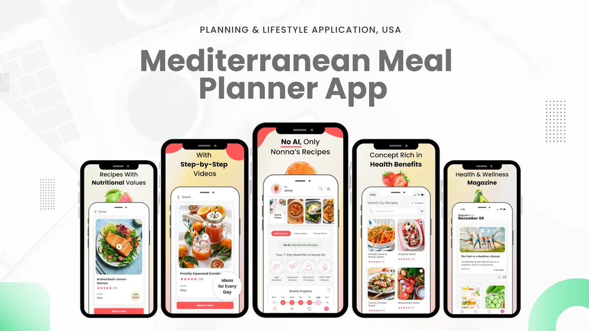 Mediterranean meal planner app screens