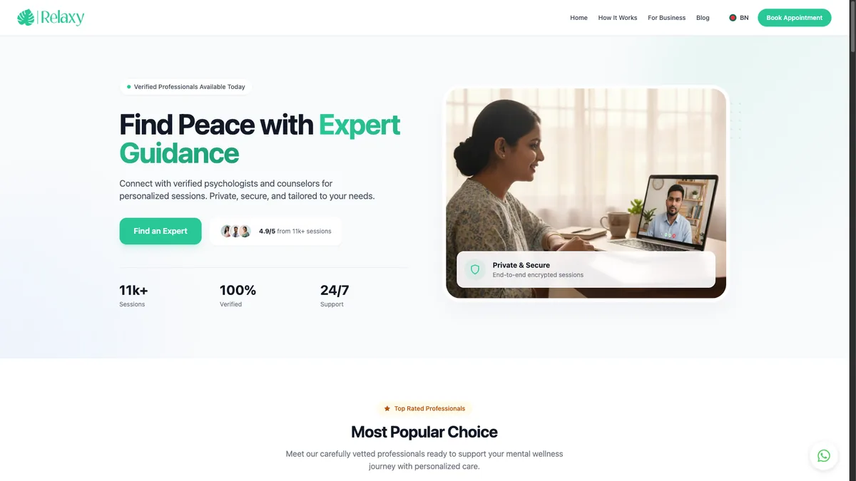 Relaxy session booking page showing verified psychologists