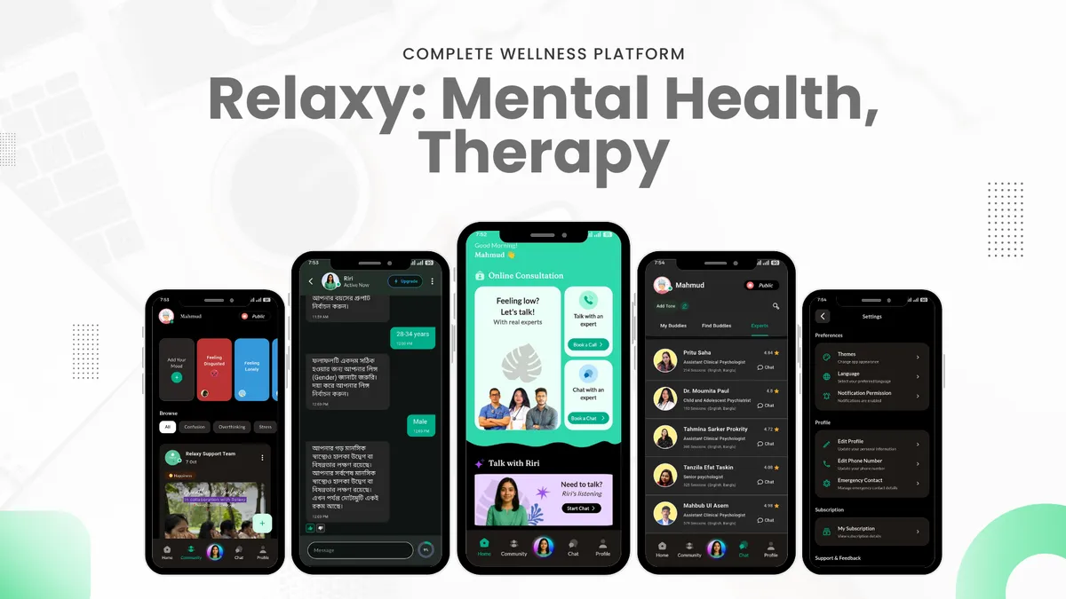 Relaxy mental health app screens