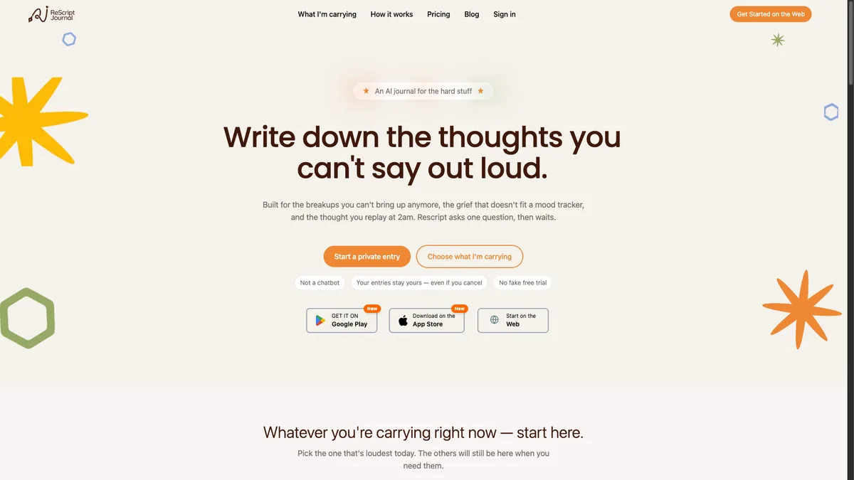 Rescript Journal landing page — write down the thoughts you can't say out loud