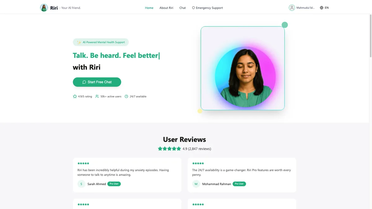 Riri AI companion landing page — talk, be heard, feel better