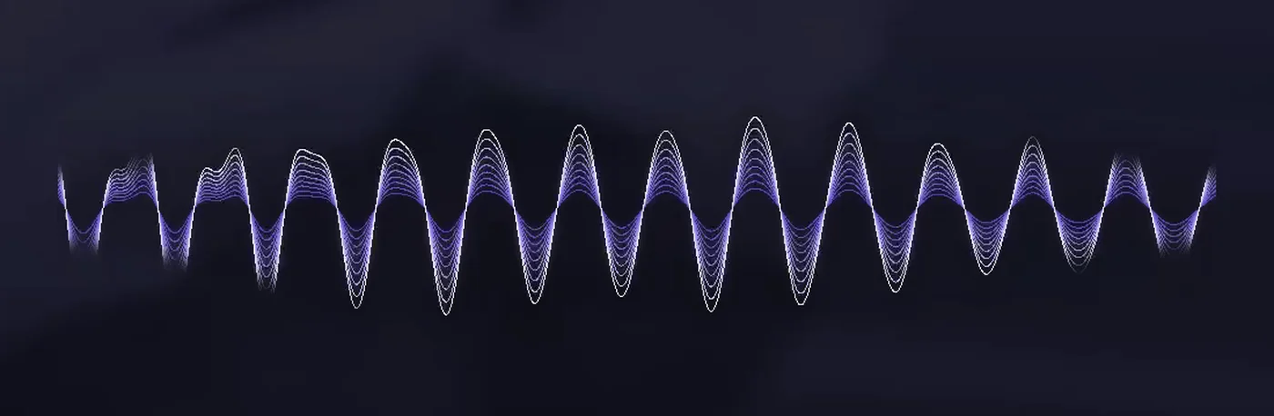 Close-up of the finished waveform: nine stacked lavender strands, brightest on the outside, fading at both ends, with a soft violet glow